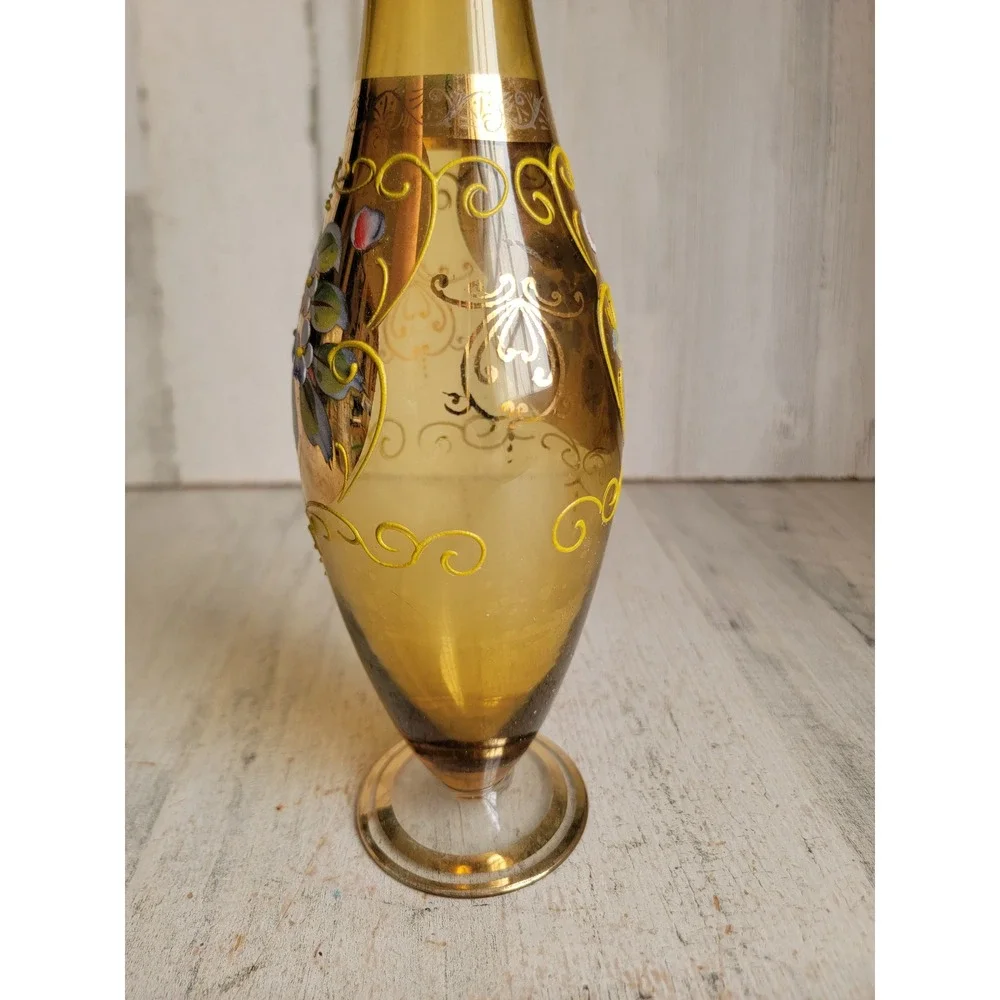 Vintage Bohemian Czech golden yellow vase flower floral glass Unique Home